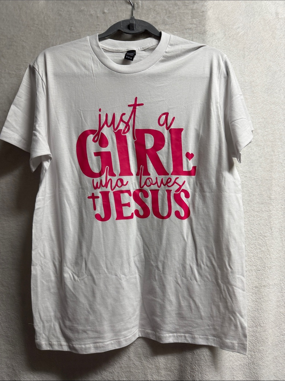 Others White Tee with Hot Pink 'Just a Girl Who Loves Jesus' Graphic